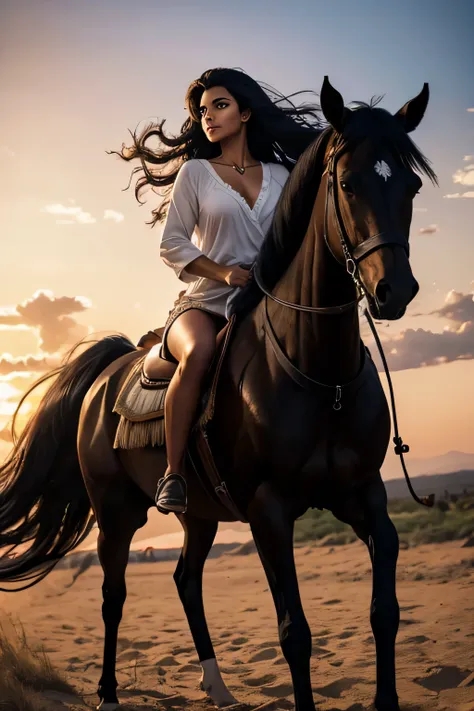 A full body photograph of an black-haired Dark tanned Arabic woman, with windswept tresses, naked, riding on a Palomo horse, her hair entangled like flames against a twilight sky, emanating untamed beauty. no saddle, ((Best quality)), ((masterpiece)), ((re...