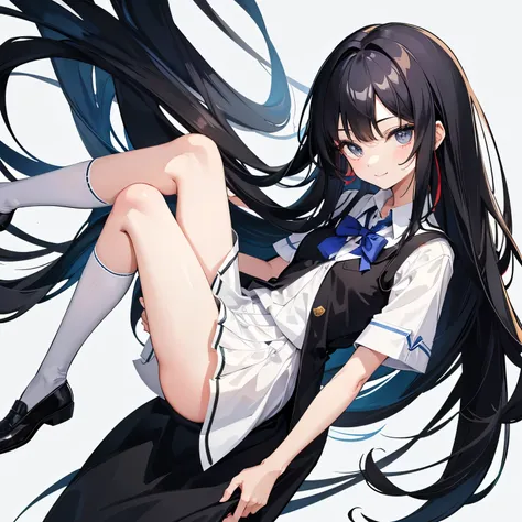 wearing a girls&#39; school uniform、Long black hair with half-up hairstyle、A tall, slender girl with small breasts and a sharp smile is standing there.。