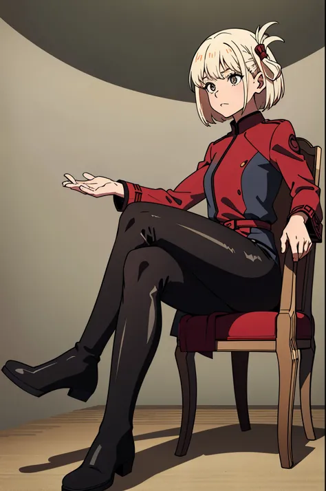 ((highest quality)), ((masterpiece)), (become familiar with), perfect face,shiny black riding boots、Sitting on a chair with legs crossed、Show off the soles of your shoes