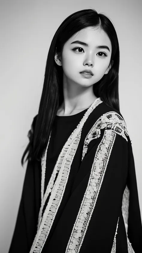 (((a black and white photo:1.2、film grain、RAW photo)))、one woman、１８talent、unparalleled beauty、Beautiful teeth、natural look、small nose、plump lips、beautiful silky straight hair、Barrette、large size white shirt、the sleeves are long、blurred background、medium de...