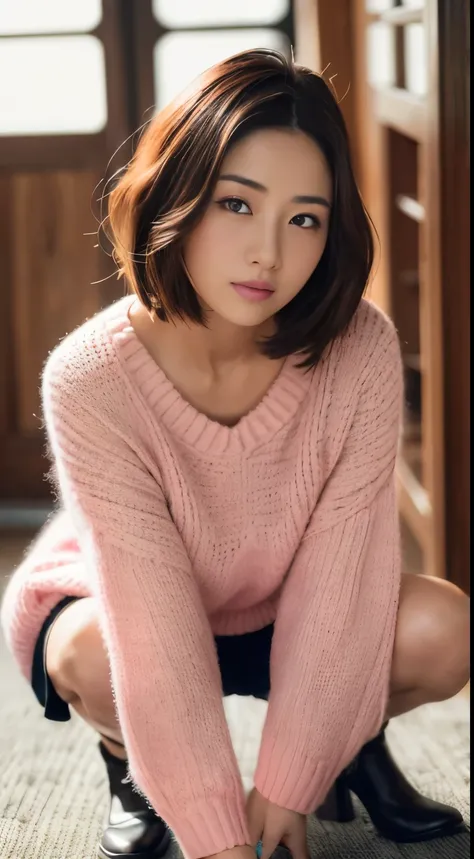 (pale pink knit sweater:1.3), full body, (japanese girl),  short brown hair, looking at viewer, in the traditional japanese room,  Squatting Cowgirl, spread your legs wide, twilight rays, SIGMA 85 mm F/1.4,  (masterpeace),  (low contrast:1.1),    (extremel...