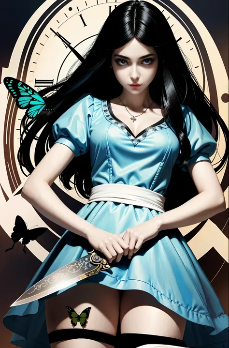 (masterpiece, highest quality)
alice horror, 1 girl, alone, black hair, wonderland background, butterfly、Alice with a knife in her hand、severed head figurine、Tremendously big、V-neck dress、Rabbit with a creepy clock