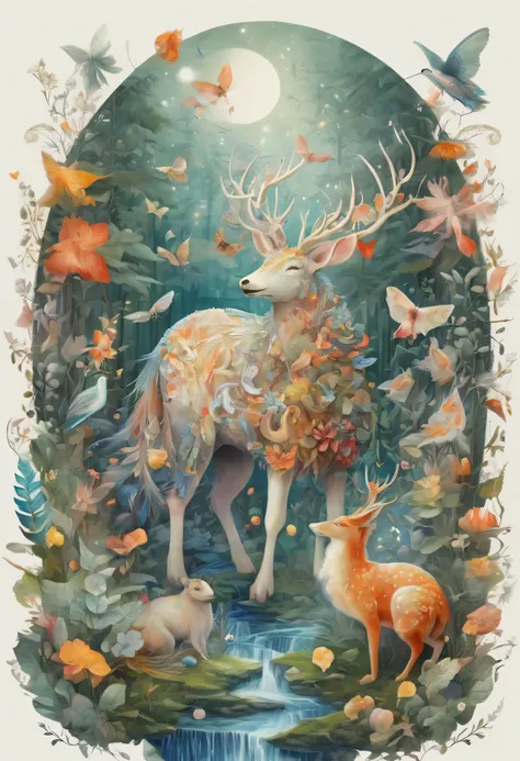 A painting，Magical animals in the enchanted forest，magical beings，Exquisite，Lively