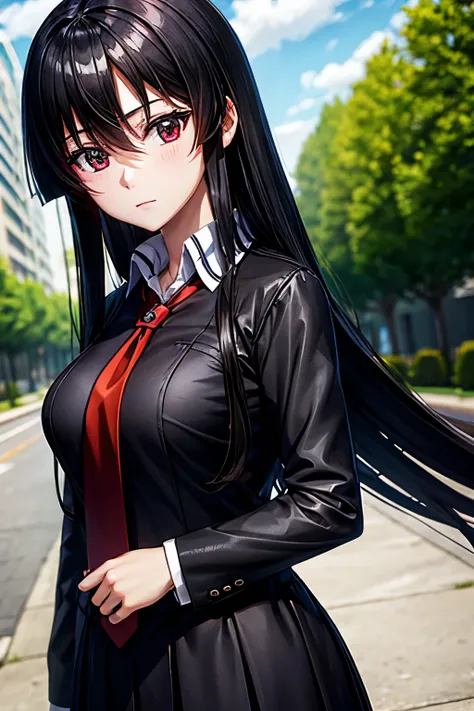 anime girl in black school uniform and red tie, best quality, high resolution, very smooth texture, cute and beautiful facial de...