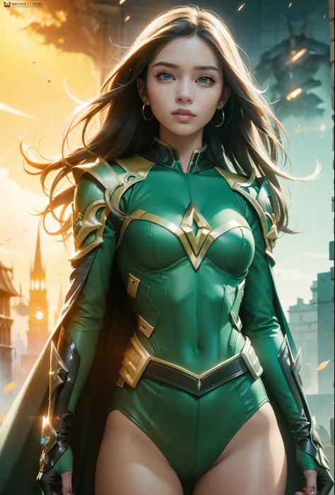 Waist up super heroine hot ocidental teen (masterpiece), best quality, expressive eyes, perfect face, art in fantasy mythic action effect, sharp focus, wearing super detailed suit with mechanicles part & hero cape