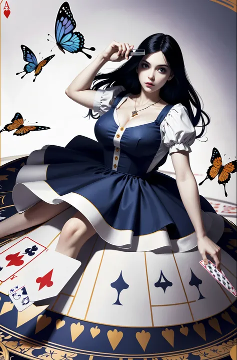 (masterpiece, highest quality)
alice horror, 1 girl, alone, black hair, wonderland background, butterfly、alice with a big knife ...