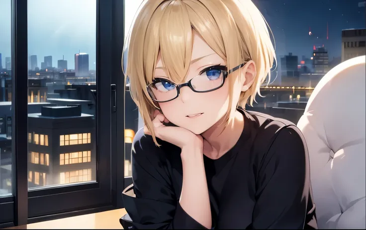 High resolution, 2D anime style,,blue eyes beautiful eyes,high and beautiful nose,thin face,blonde boyish short hair,Cool adult woman,Chest is slightly larger,she looks very happy,biting one&#39;s lips, she was very angry, she wears glasses,she narrows her...