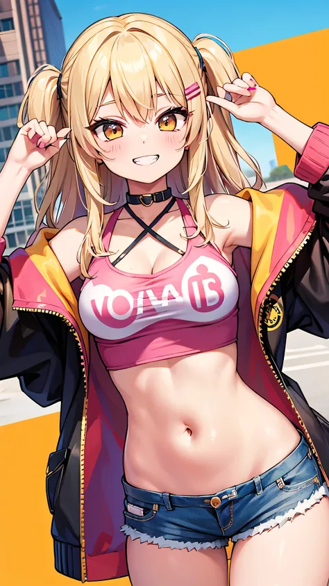 1girl, gyaru, gyaru v, crop top, short shorts, blonde hair, 
smiley face, grin,