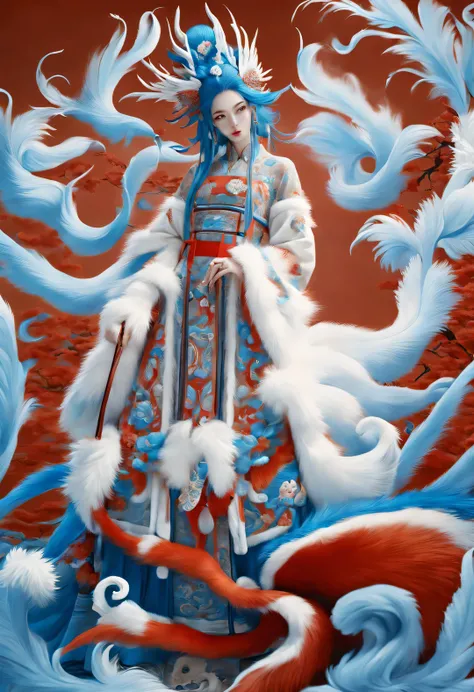 Zbrush style red and blue fashion painting, Oriental style, Soft realism and surreal details, blue and sky blue tones, (A white hair、blue eyes、Fox with nine red tails), Lots of fluffy red tails wrapped around, Ancient Chinese mythical beasts, fantasy,