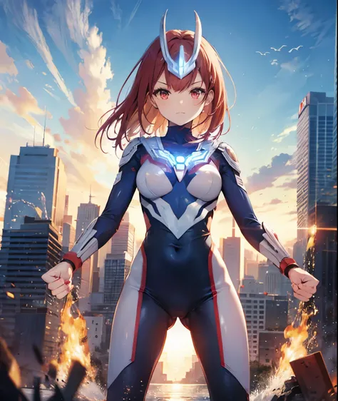 Highest image quality,8K beautiful detailed 1 young girl,(bright red hair:1.5),short bob,red eyes, (Ultra Girl :1.0), (silver and red ultraman bodysuit:1.4),big breasts,(Put your hands on your hips:1.2),(fist:1.2),In town,large number of buildings