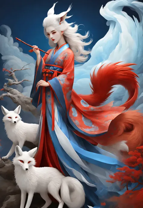 Zbrush style red and blue fashion painting, Oriental style, Soft realism and surreal details, blue and sky blue tones (A fox with only nine red tails and blue eyes: 1.0), fox beautiful face, white hair, Lots of fluffy red tails wrapped around, Ancient Chin...