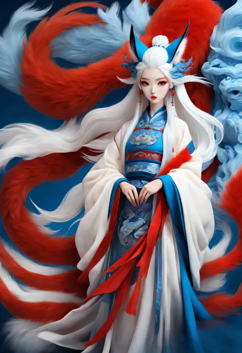 zbrush style red and blue fashion painting, oriental style, soft realism and surreal details, blue and sky blue tones (a fox wit...