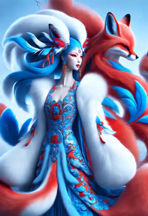 Zbrush style red and blue fashion painting, Oriental style, Soft realism and surreal details, blue and sky blue tones, (A white hair、blue eyes、Fox with nine red tails), Lots of fluffy red tails wrapped around, Ancient Chinese mythical beasts, fantasy,