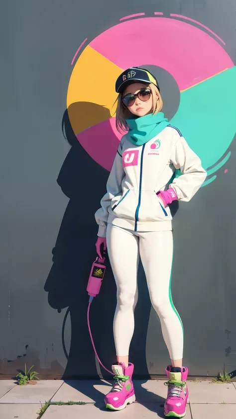 (ultra detailed,ultra high res,detailed background),((2D)),((flat color)),((muted color)),((floating neon)),1girl,solo,looking at viewer, spray paint, graffiti, girl in a white fencing suit, long plush scarf, full body image, adult woman, anatomically perf...