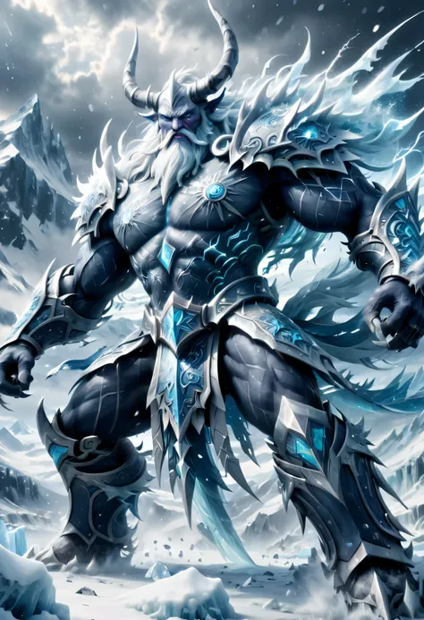 (battle, epic, godlike),(ice, snow, frost:1.2),(mountains, glaciers, frozen landscape),(stormy skies, lightning, thunder),(mythi...