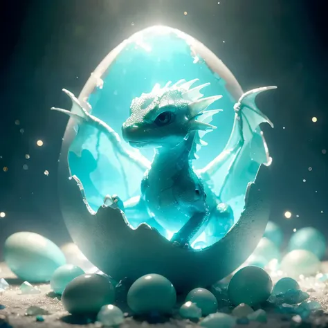 An opalescent baby dragon emerges from its egg, its aquamarine form illuminated by a soft backlight, while its eyes emit an eerie glow. The scene is cinematic, resembling a meticulously crafted photograph or a stunningly detailed 3D render.