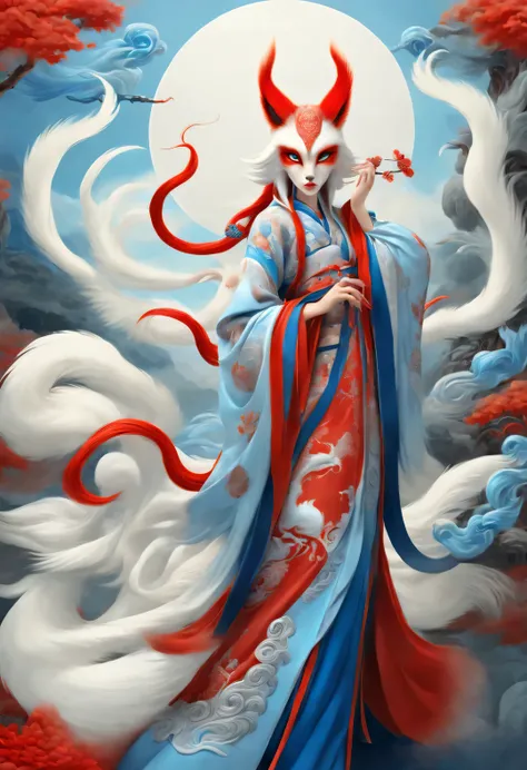 zbrush style red and blue fashion painting, oriental style, soft realism and surreal details, blue and sky blue tones (a fox wit...