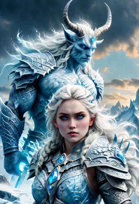 (best quality,ultra-detailed,realistic:1.37),portrait,icy blue tones,cold lighting,frozen landscape,sharp focus,long white hair,snowflake patterns,glowing blue eyes,majestic horns,noble expression,powerful build,ancient symbol tattooed on the arm,cracked i...