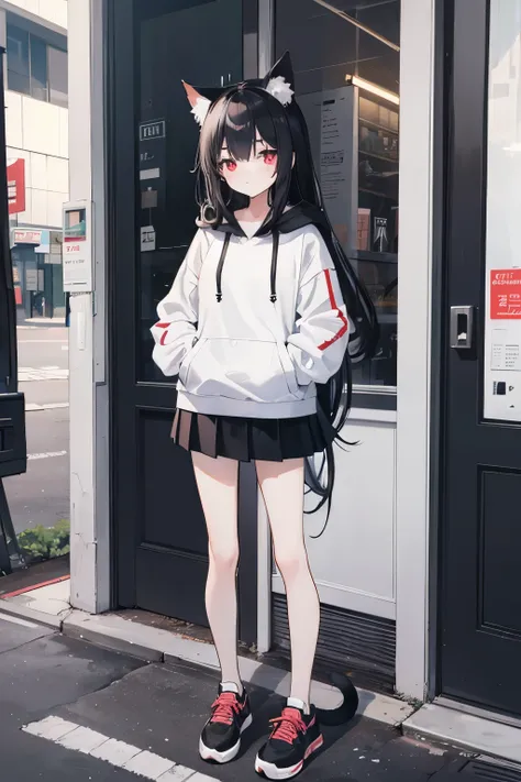 #Draw a picture of a cat girl. She has long black hair and a face with dark red pupils. She is wearing a white hoodie and black headphones. She is wearing a black JK skirt and black sneakers. A half-length solo. The woman is gentle, cute and tsundere. Two-...