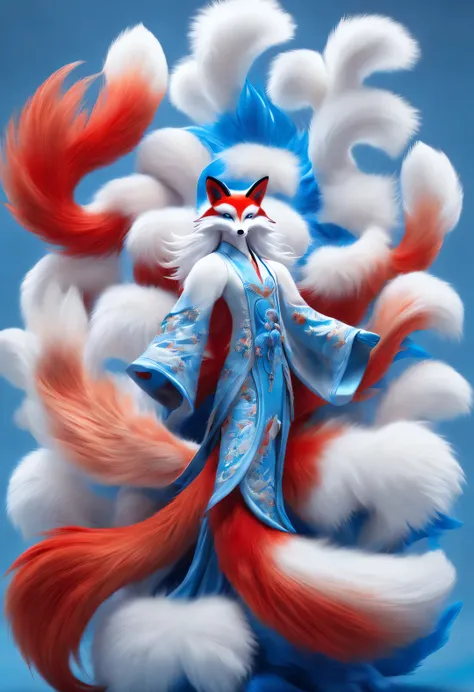 Zbrush style red and blue fashion painting, Oriental style, Soft realism and surreal details, blue and sky blue tones, (A white hair、blue eyes、Fox with nine red tails), Lots of fluffy red tails wrapped around, Ancient Chinese mythical beasts, fantasy,Mytho...