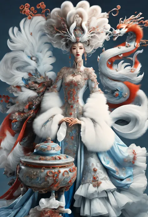 zbrush style red and blue fashion painting, oriental style, soft realism and surreal details, blue and sky blue tones (a fox wit...