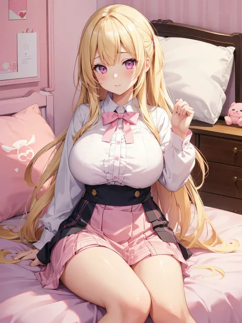 1 girl, blond hair, pink eyes, big breasts, kawaii girl, kawaii shirt and skirt, high quality, dynamic pose, 4k, inside, pink kawaii bedroom, sitting on bed, lots of pillows, lots of plushies, 