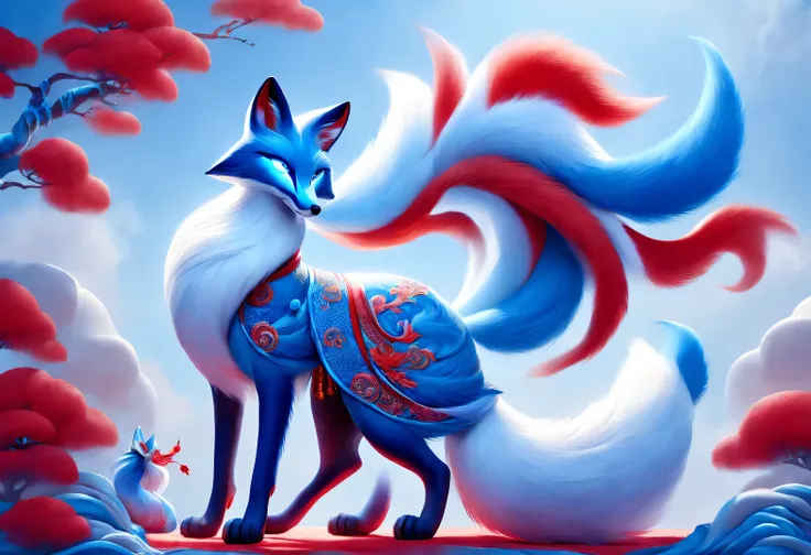 Zbrush style red and blue fashion painting, Oriental style, Soft realism and surreal details, blue and sky blue tones, (A white hair、blue eyes、Fox with nine red tails), many red tails wrapped around, Ancient Chinese mythical beasts, fantasy,