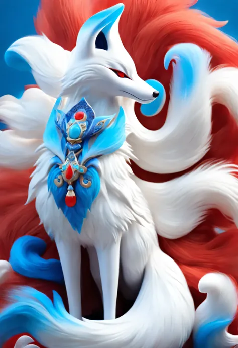 Zbrush style red and blue fashion painting, Oriental style, Soft realism and surreal details, blue and sky blue tones, (A white hair、blue eyes、Fox with nine red tails), Lots of fluffy red tails wrapped around, Ancient Chinese mythical beasts, fantasy,Mytho...