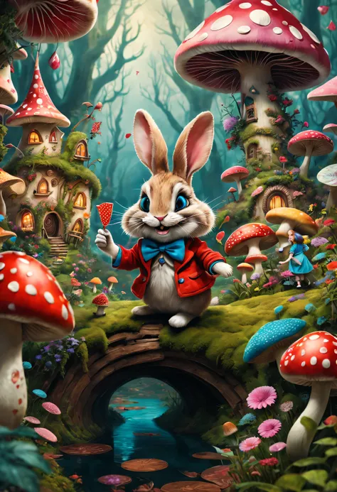 best quality,4K,8k,high resolution,masterpiece:1.2,super detailed,actual:1.37,In Wonderland,illustration,Colorful scenery,Rabbit hole,enchanted forest,magic mushrooms,Curious Alice,dream pictures,whimsical characters,Enter the crazy tea ,floating playing c...