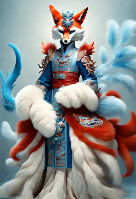 Zbrush style red and blue fashion painting, Oriental style, Soft realism and surreal details, blue and sky blue tones, (A white hair、blue eyes、Fox with nine red tails), Lots of fluffy red tails wrapped around, Ancient Chinese mythical beasts, fantasy,