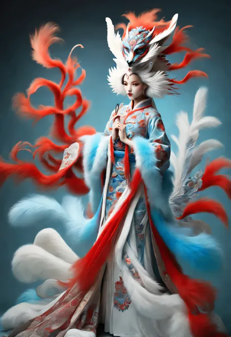 zbrush style red and blue fashion painting, oriental style, soft realism and surreal details, blue and sky blue tones, (a white ...