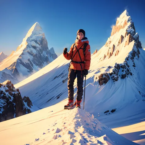 Succeeded in climbing the world&#39;s tallest snowy mountain、Climber standing on the mountaintop