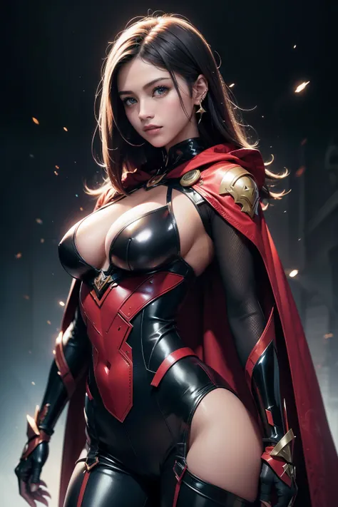 Waist up super heroine hot ocidental teen (masterpiece), best quality, expressive eyes, perfect face, art in fantasy mythic action effect, sharp focus, wearing super detailed suit with mechanicles part & hero cape