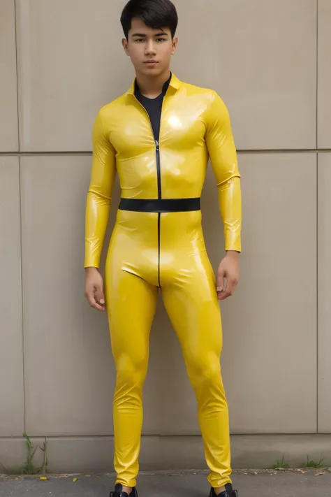 A high school Boy wears a tight yellow latex catsuit With short legs and feet 