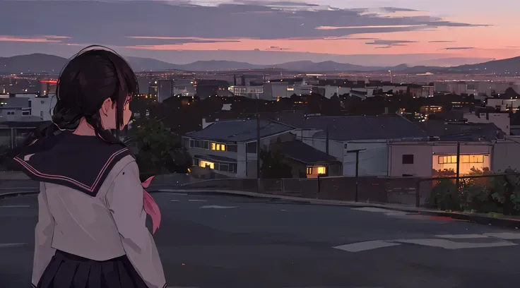 (((1girl, solo))), serafuku, school uniform, scenery, city, dusk