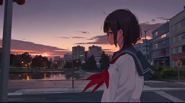 (((1girl, solo))), serafuku, school uniform, scenery, city, dusk