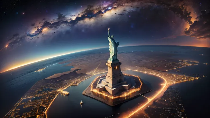 statue of liberty, pentagon, usa, the mississippi river under the milky way, constellation, , virgo, libra, leo