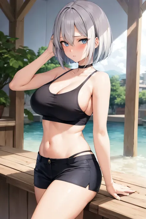 2D,Masterpiece, Highest quality,1 girl comes in, alone, radius, I&#39;m not symmetrical., Single hair consumption, blue eyes, short hair, blue hair, white hair, bob cut, hair in lines, smooth, hair on one eye,Blush,white tank top bikini,pond,very big breas...