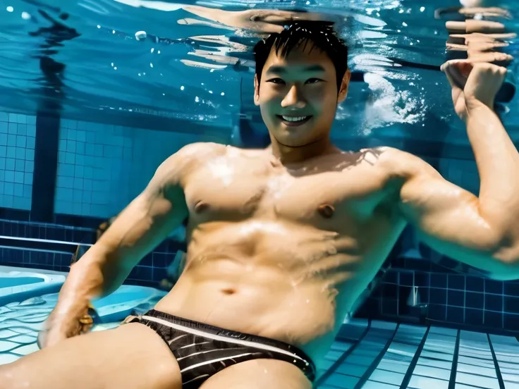 speedo briefs for men　lie on your back underwater　dark skin　short hair or shaved head　The whole body is shown　Tanned body　Open your eyes and have a blank expression　Floating in the water with the whole body relaxed　1985〜Appearances of Japanese male swimmer...