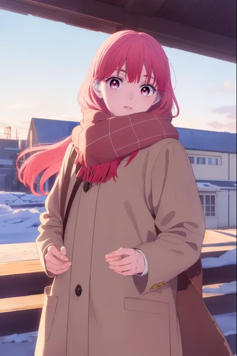 yukiitose, yuki itose, long hair, pink hair, red hair, (pink eyes:1.3),
break long sleeves, scarf, coat, brown coat,
break outdo...