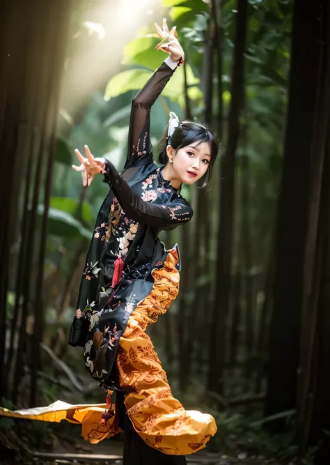 arafed woman in a yellow dress is dancing on a black background, inspired by Tang Di, traditional beauty, traditional dress, sukhothai costume, inspired by Gao Kegong, traditional tai costume, traditional clothes, traditional, by I Ketut Soki, traditional ...