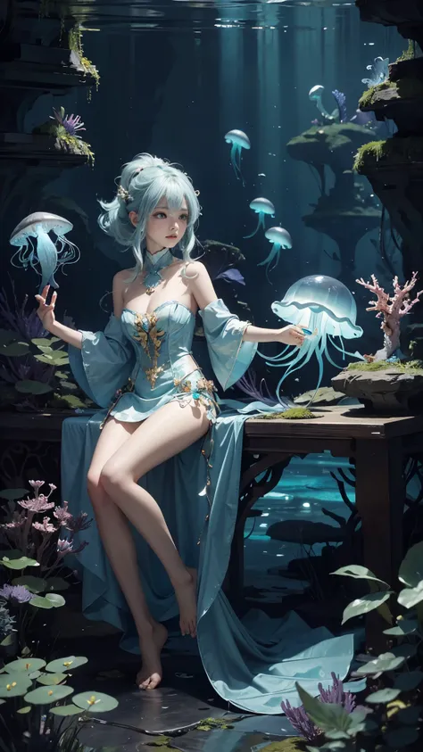 masterpiece,best quality,ultra detailed,anime style,Within the depths of an enchanted cavern,a mermaid girl with bioluminescent scales forms an unlikely alliance with a curious jellyfish companion. Together,they explore the mysterious underwater world,reve...