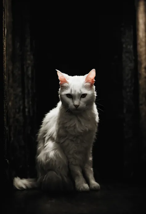 a white cat soul, set in a dark room, dark art , low light , night a sad art , a sad cat