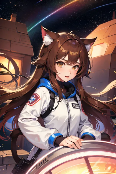 neko, cat ears, cat tail, brown hair, 1girl, space arnor, no helmet, space view, sakura, anatomically correct, masterpiece, space station 13, security officer, 