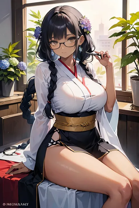 ((determined ((battle-ready ((dark-skinned Okinawan)) female exorcist with braided hairstyle wearing glasses)) rolling up herbal joint while waiting for tea to boil, (wearing detailed flowing outfit), (cannabis flower tattoos on arms and legs), high qualit...