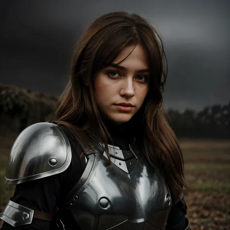 draw a beautiful realistic girl with brown hair, in black armor, dark fog in the background