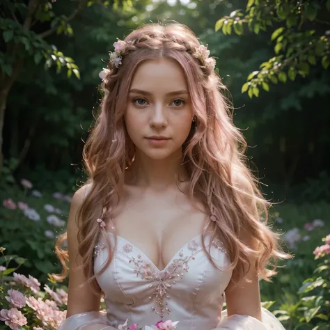 (highres,realistic),(portrait),pink-haired princess,flowing gown,sparkling tiara,sparkling pink eyes,soft pink lips,rosy cheeks,graceful,standing in a flower-filled garden,enchanted atmosphere,fairy lights,ethereal scenery,dream-like background,long wavy h...