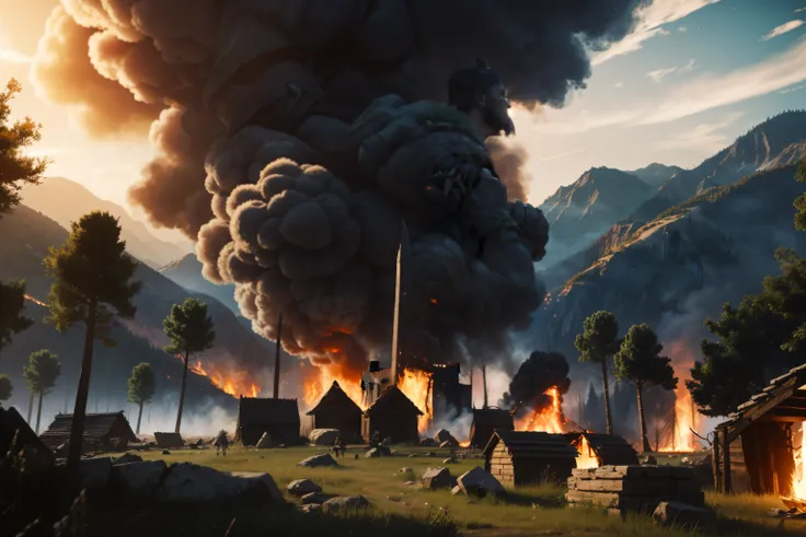 super high quality, Destroyed villages, fire, forest, orc warrior, an epic fantasy, super detail, 8K