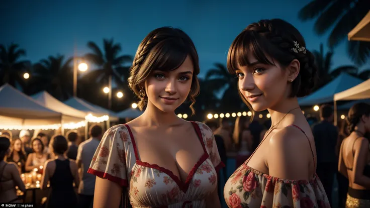 Capture a photorealistic, hyper-detailed image of 2 girls together in a single frame, smiling, Dark hair, bob_cut hair and braids, big breasts:1.3, one is a curvy Russian woman in a mini floral dress at a rave party in the Caribbean. Another is a Russian g...