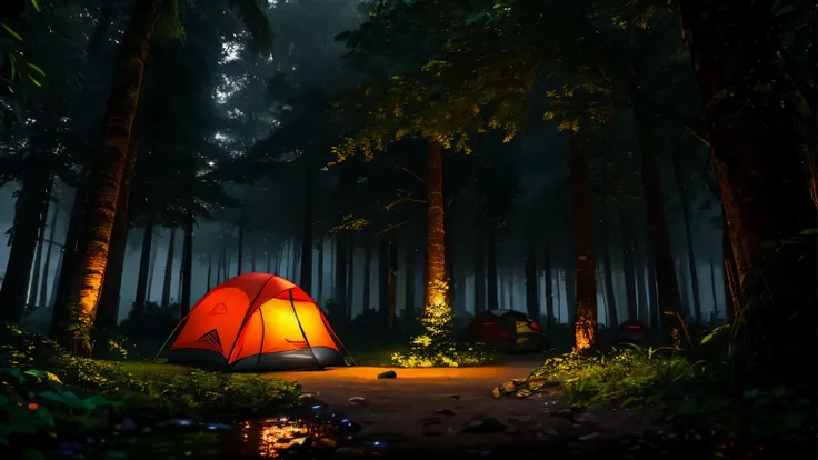 Several colorful camping tents set up among trees of an Amazon rainforest, on a rainy day, masterpiece, best quality, high quality, 8k extremely detailed CG unit wallpaper, oil painting, award-winning photography, Bokeh, Depth of Field, HDR, bloom, chromat...